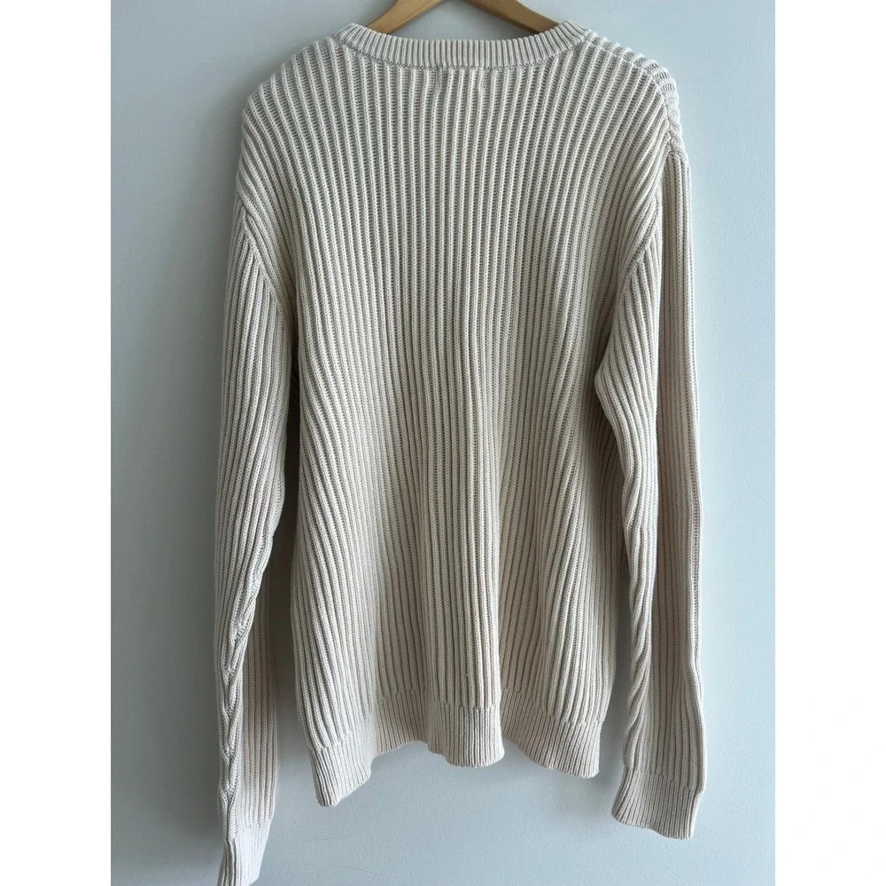 LL Bean Mens L Tall Cream Chunky Ribbed Cotton Crewneck Sweater Preppy Cabincore